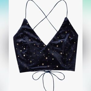 Navy velvet star crop top with criss cross back